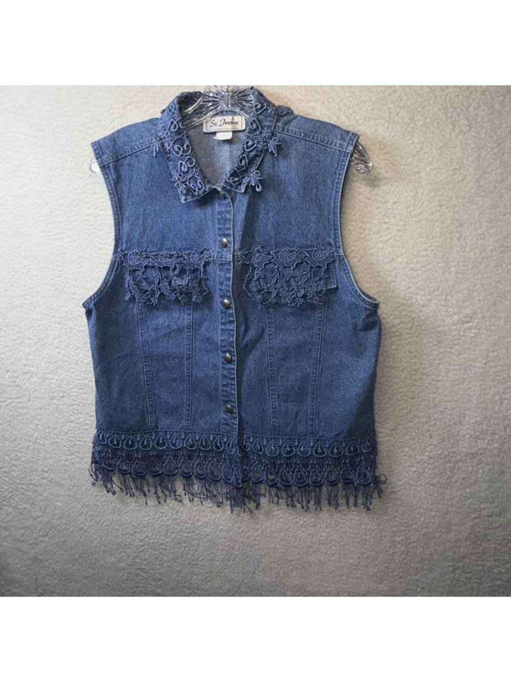 St. Joanne Denim Vest Lace Fringe Trim Button Front Womens Size M Sleeveless Top